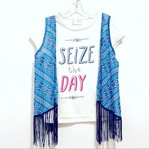 Pony Tails Girl’s Summer Fringe White/Blue Top